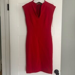 Max Mara red sleeveless wool fitted short mini sheath dress. V neck, size 6.